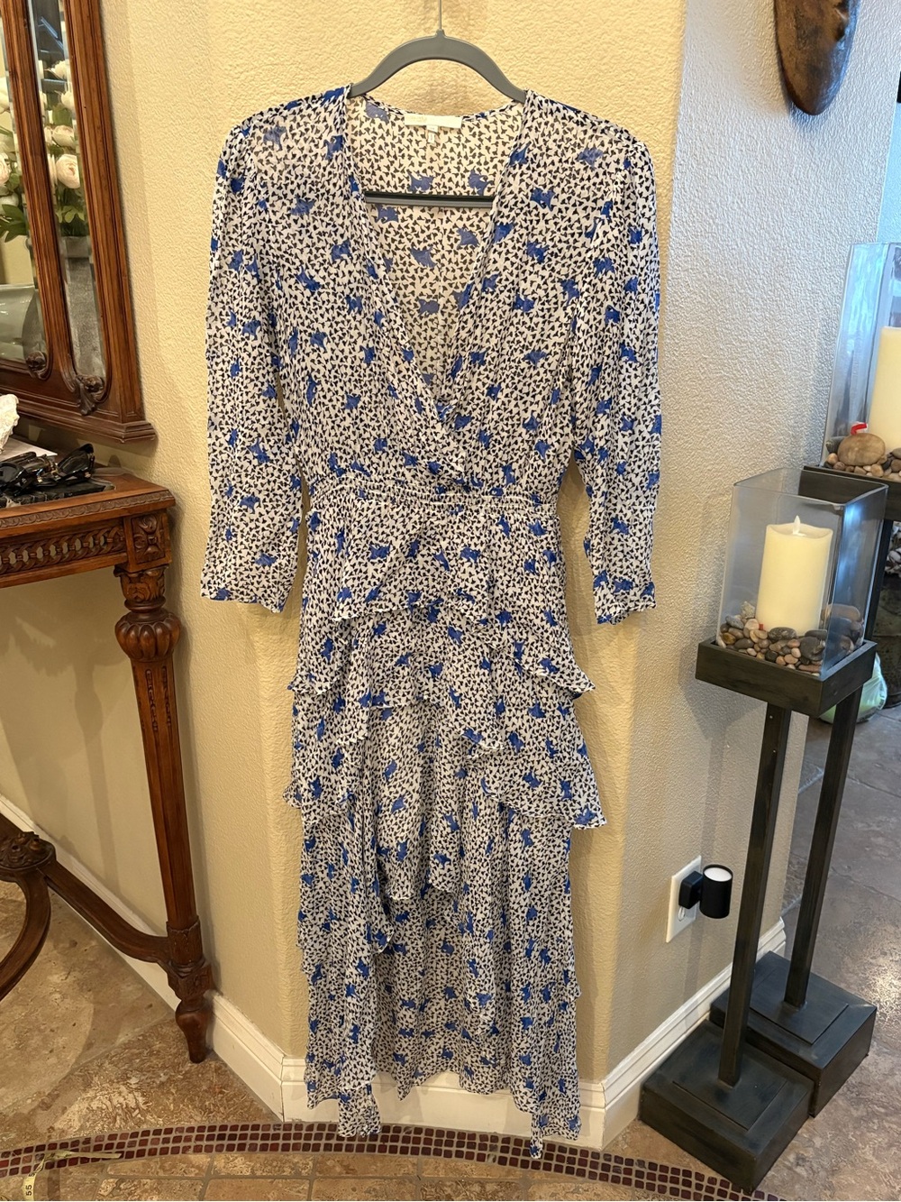 Maje Women Rencala Blue Floral Ruffled Sheer High-Low Dress Size 38 (M)